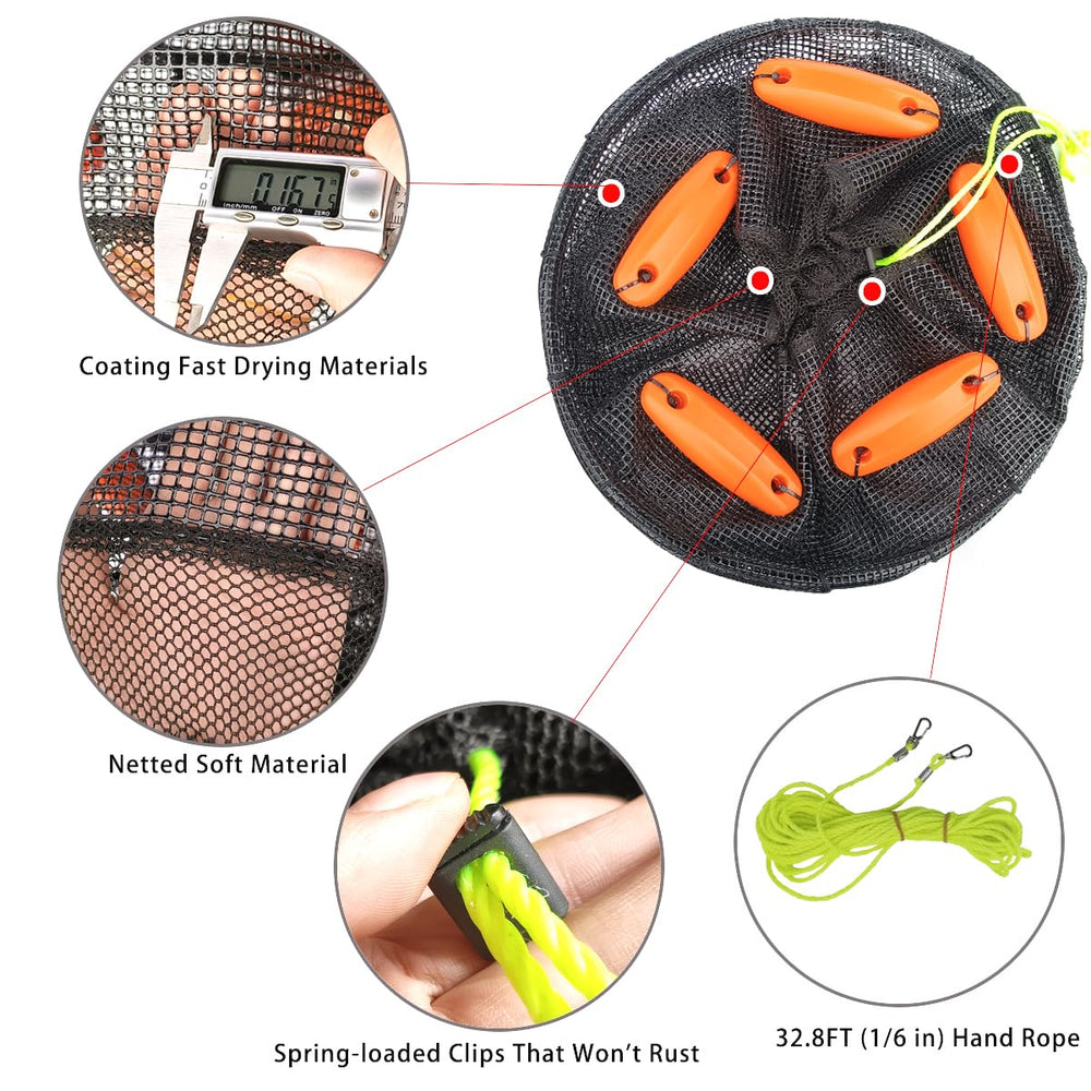 Portable fishing basket showing drawstring and rust-free buckles