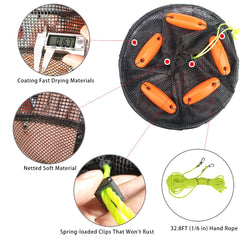 Portable fishing basket showing drawstring and rust-free buckles