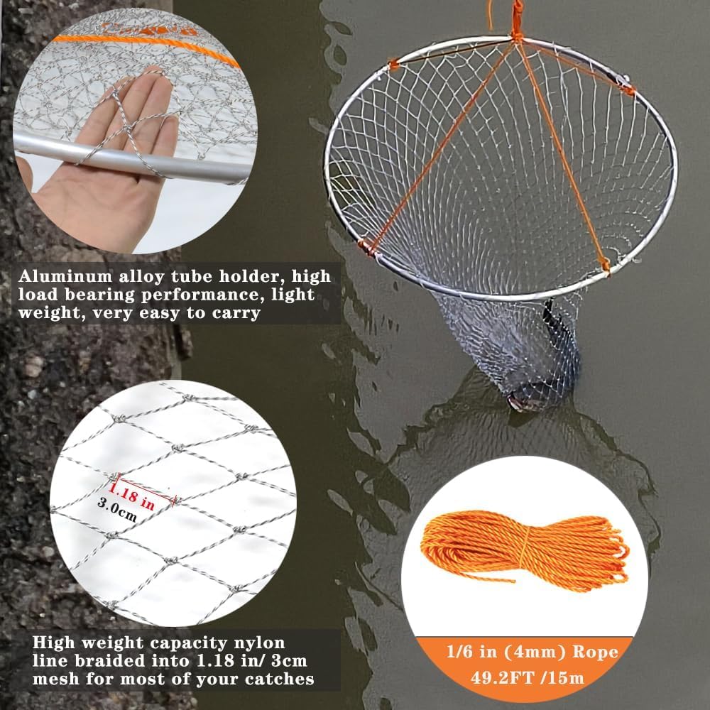 Drasry foldable pier net rope 49.2ft supports long-reach fishing from shore or dock.