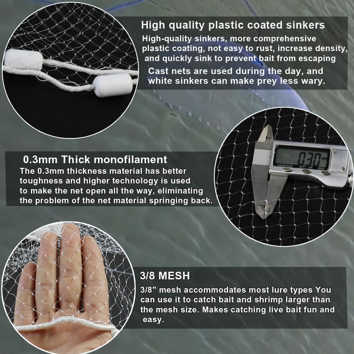 Drasry cast net gray-sinker closeup highlights rust-free sinking and precise bait control.