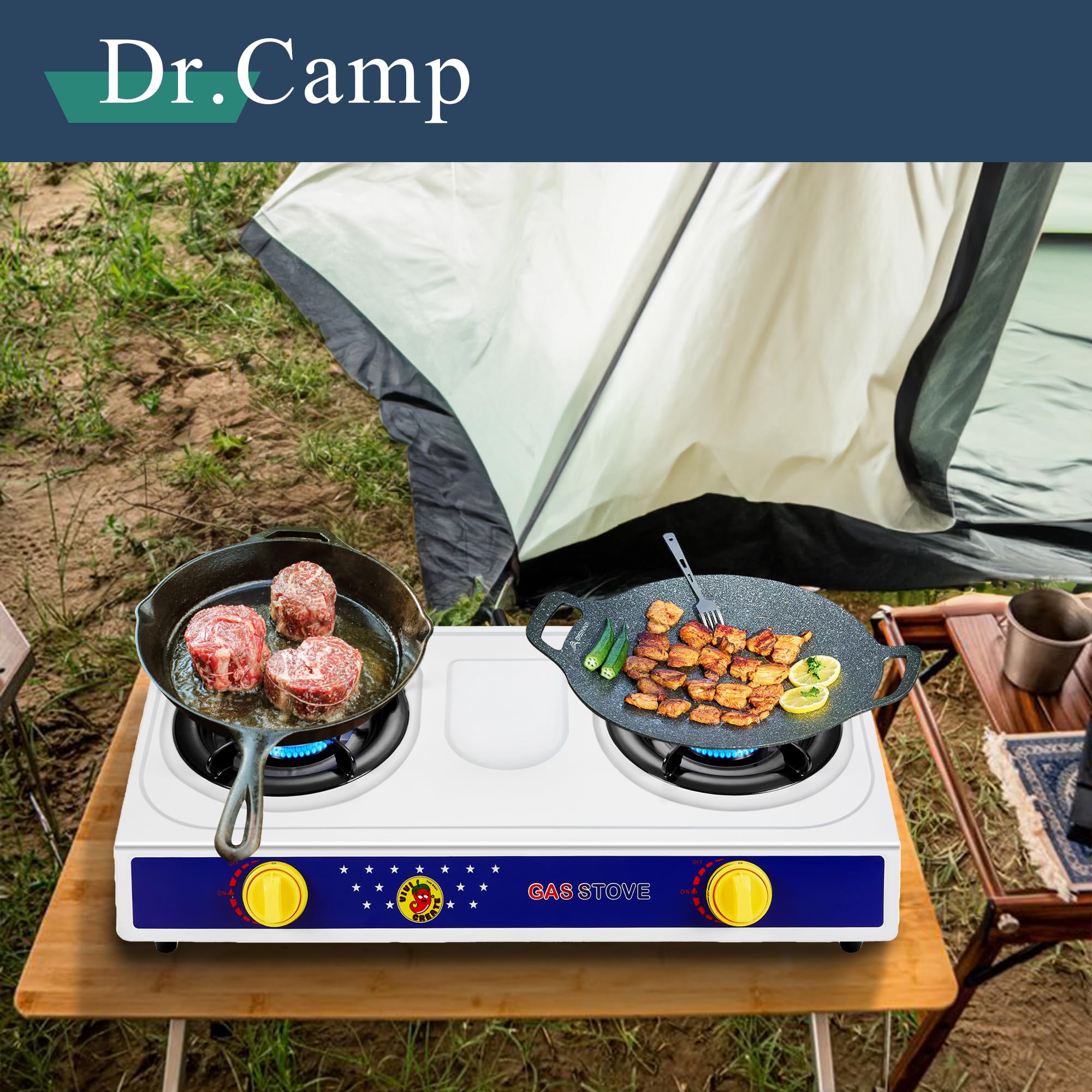 Dr.Camp 2 Burner Stove automatic ignition ready to light quickly.