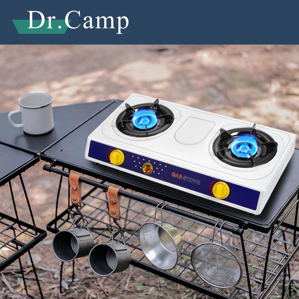 Dr.Camp 2 Burner Stove enamel pan support supports heavier cookware.