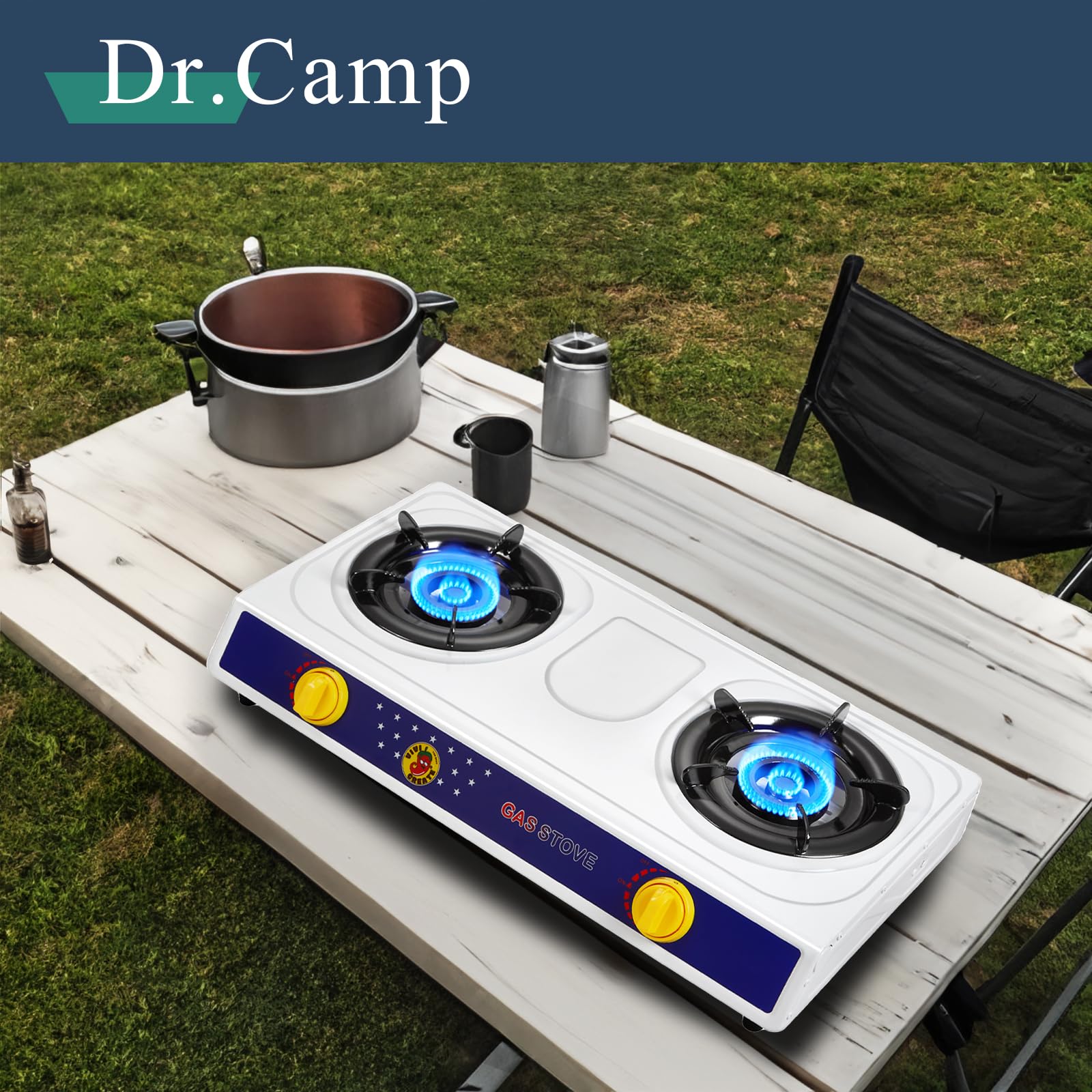 Dr.Camp 2 Burner Stove outdoor cooking setup with stable heat.