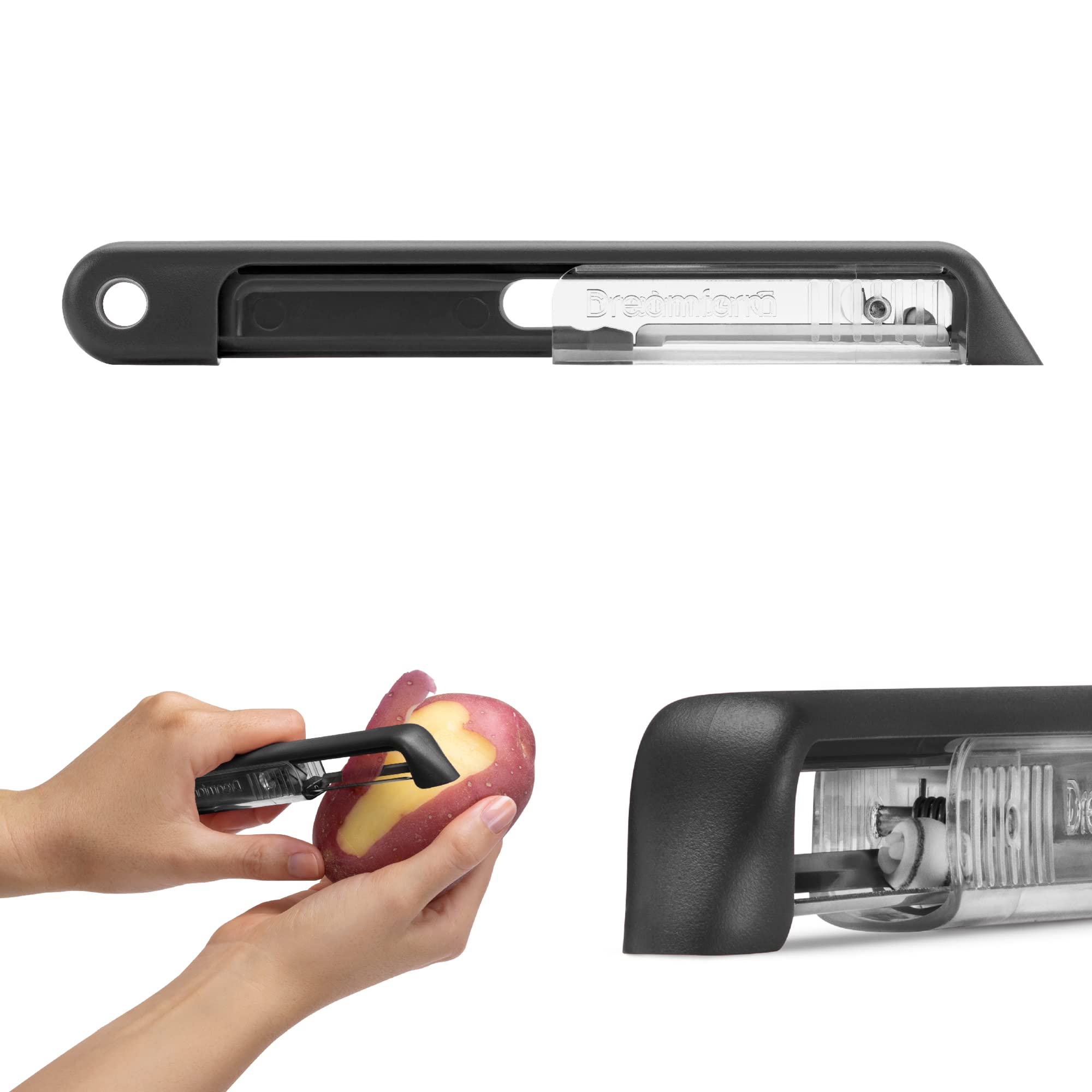 Dreamfarm Sharple ambidextrous handle with drainage channels for easy cleaning.