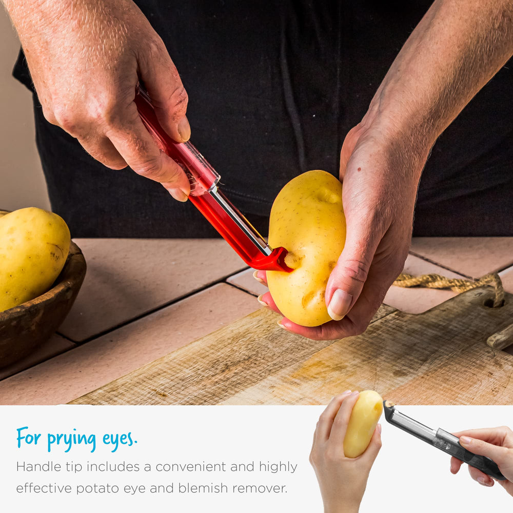 Dreamfarm Sharple red vertical peeler makes prep visually striking.
