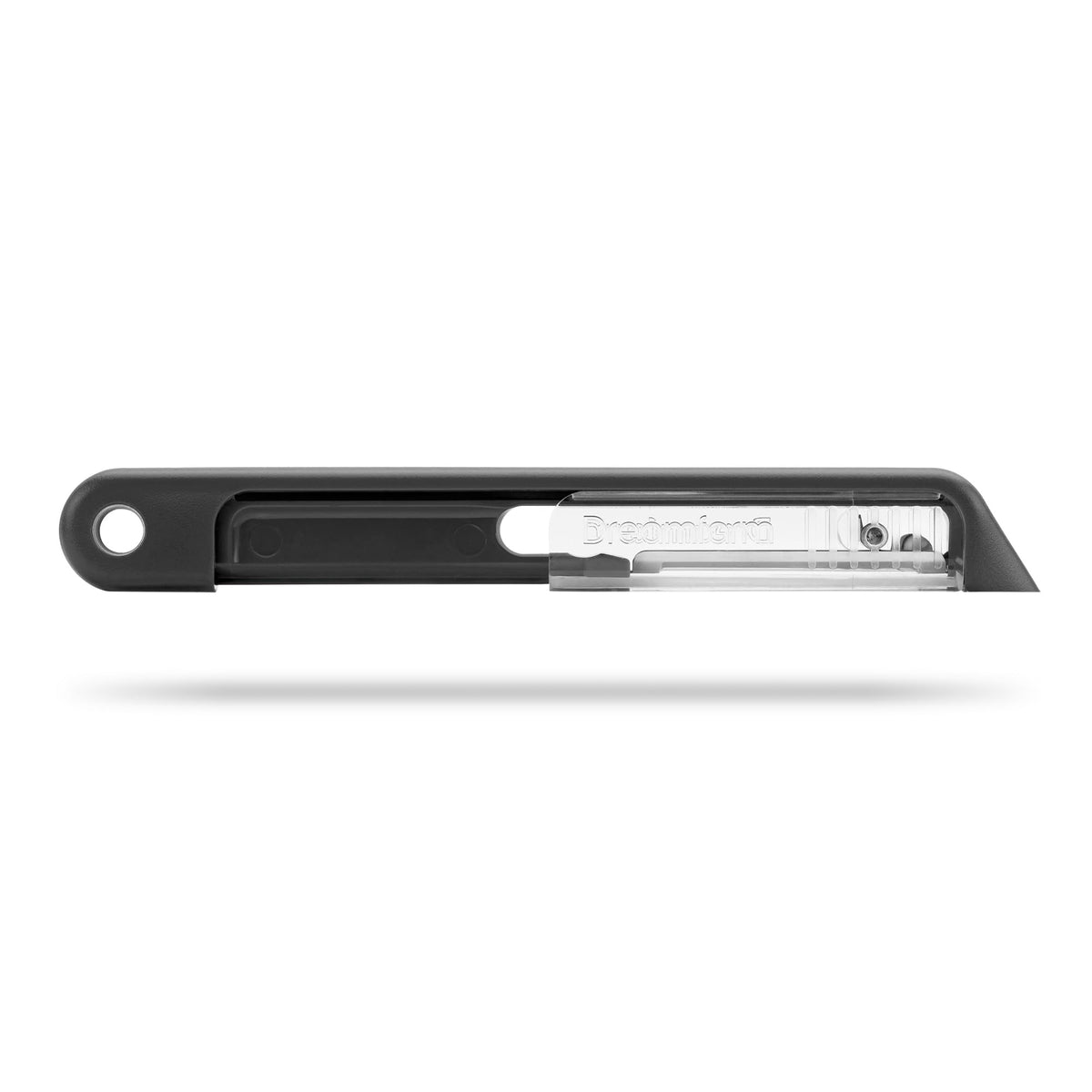 Dreamfarm Sharple close-up shows self-sharpening blade in action for sharp peels.