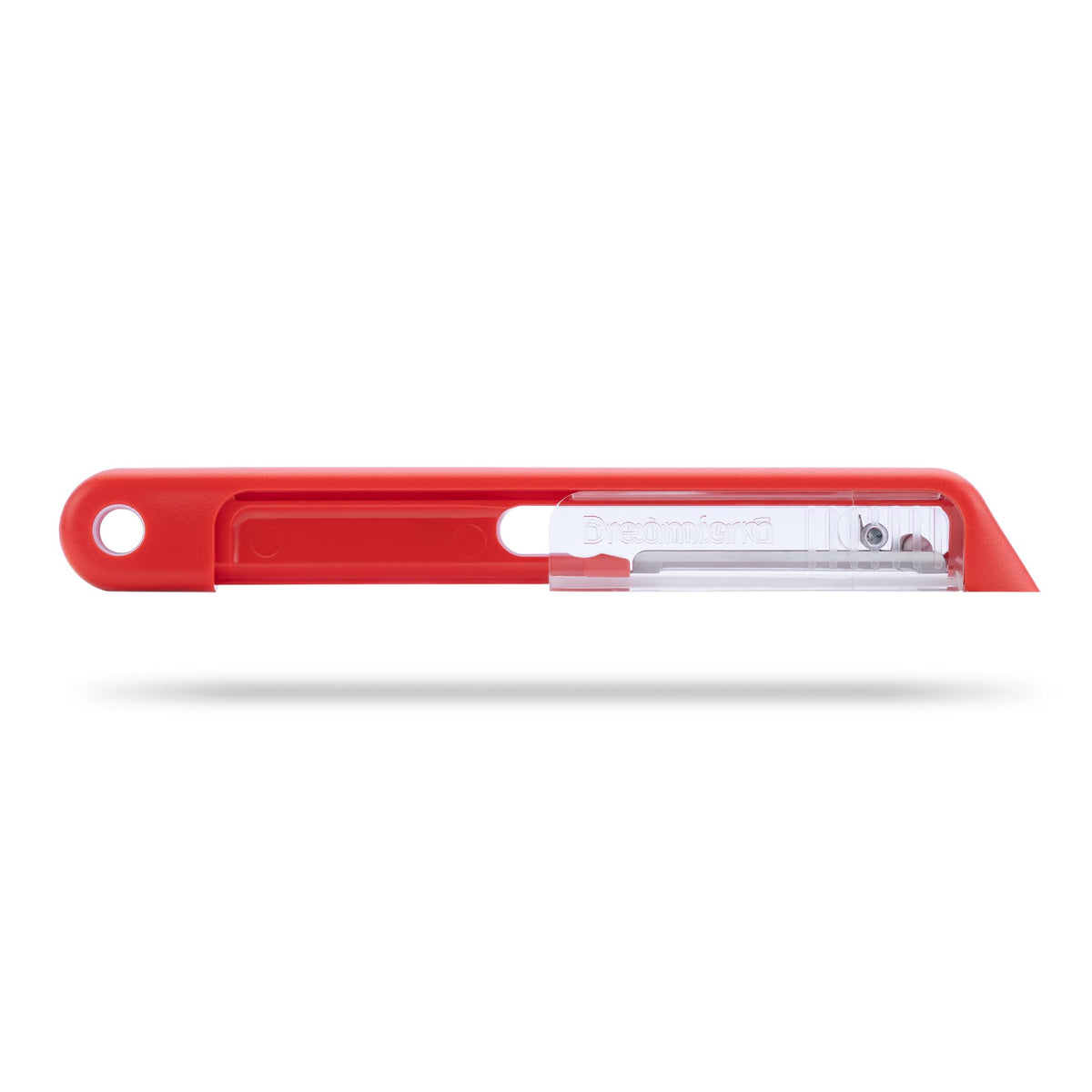 Dreamfarm Sharple self-sharpening peeler with red handle for quick vegetable prep.