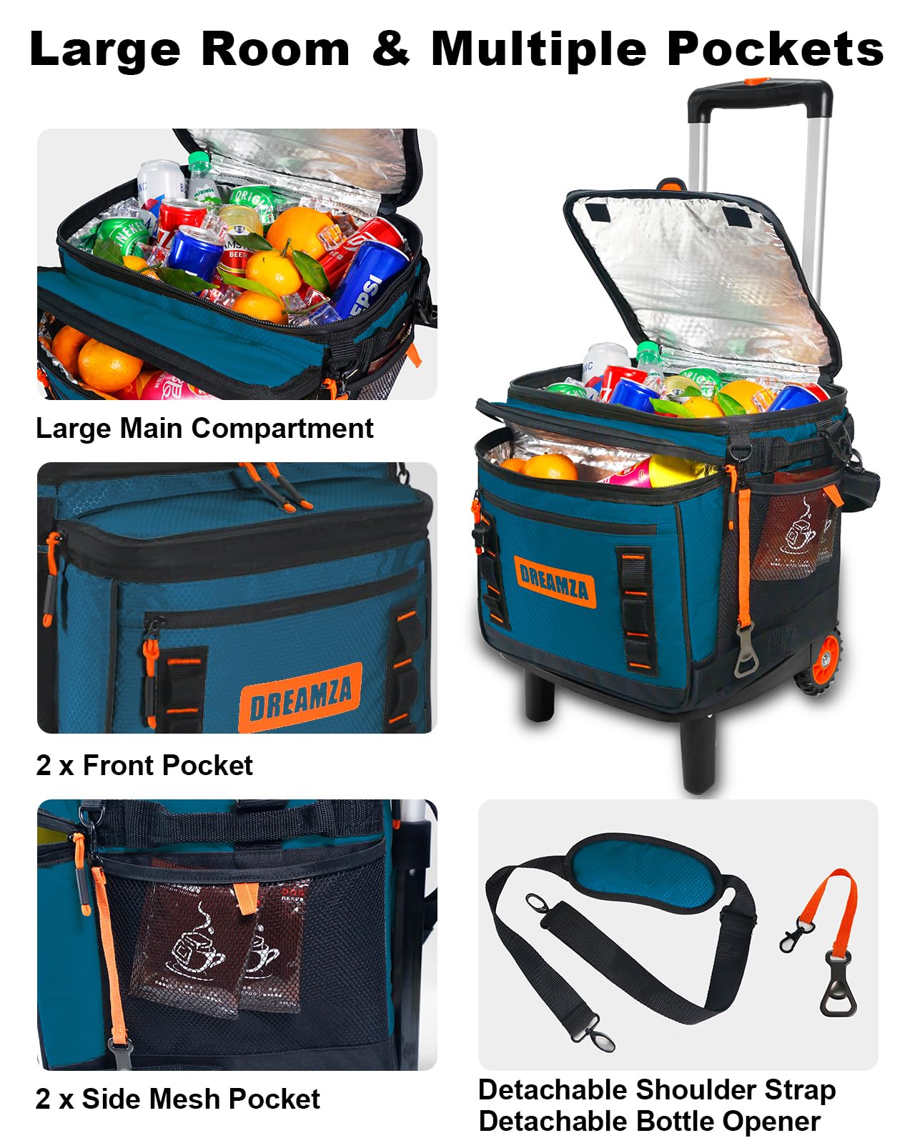 Dreamza cooler main compartment fits up to 50 cans for beach or picnic.
