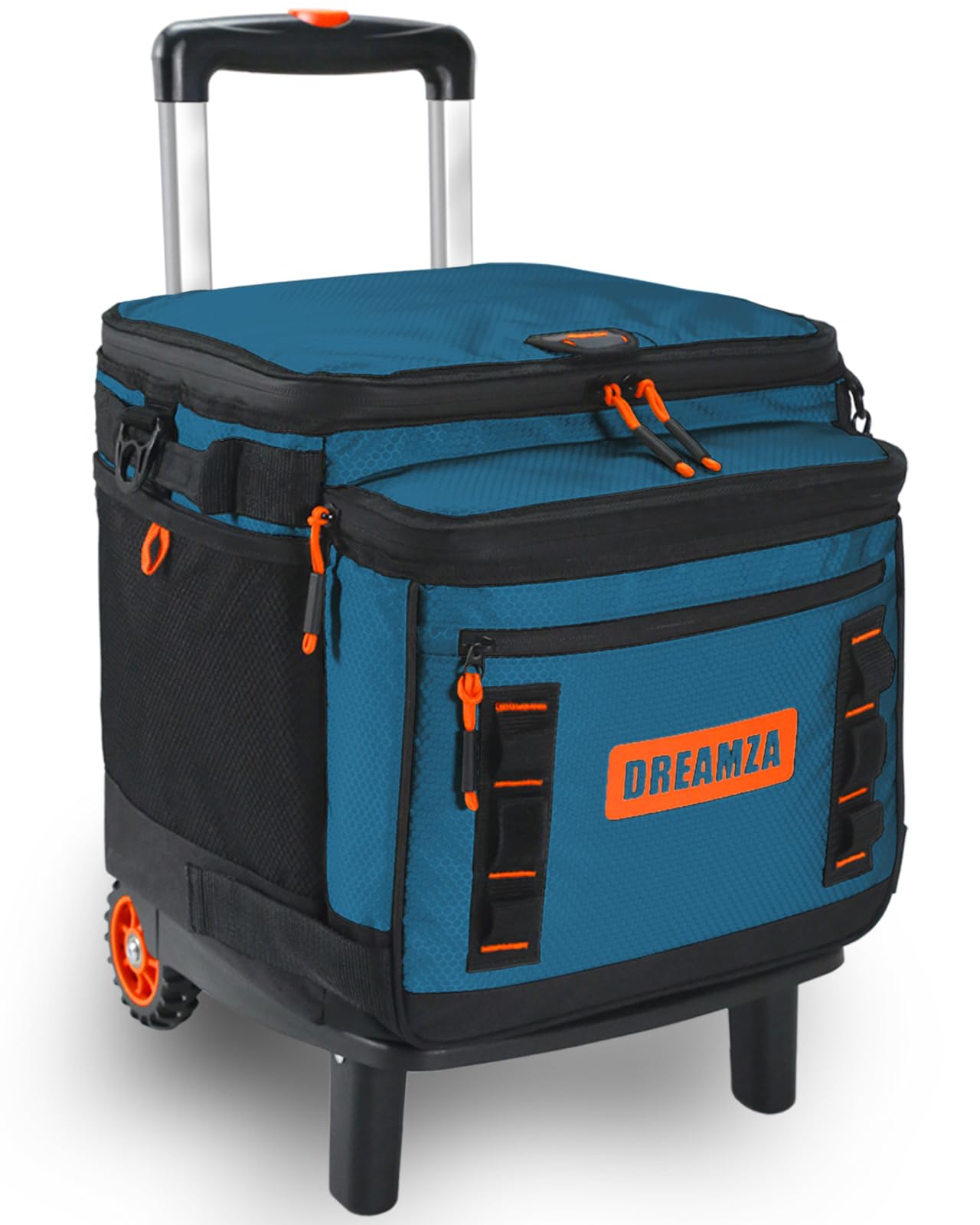 Dreamza soft cooler with wheels side view highlighting stable rolling on sand.