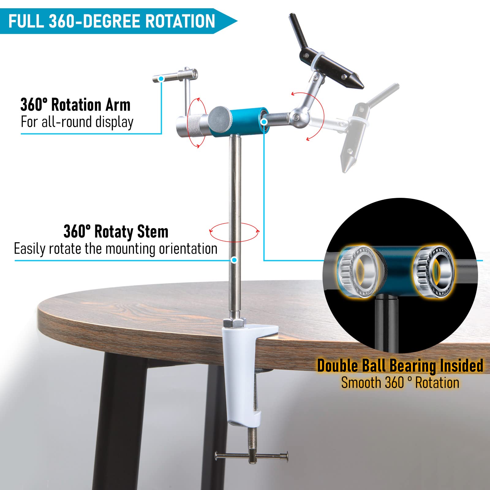 Dr.Fish rotary vise closeup shows rust-free stainless stem and durable jaws