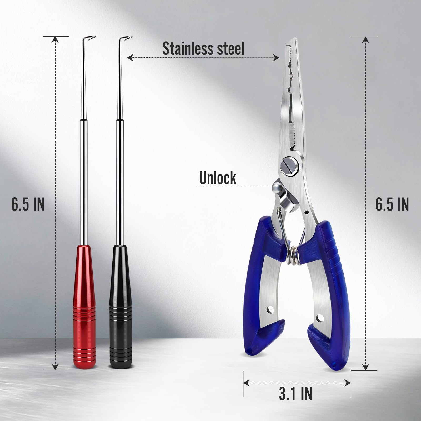 DRMBIGA all-in-one fishing kit consolidates hook removal, ring opening, crimping.