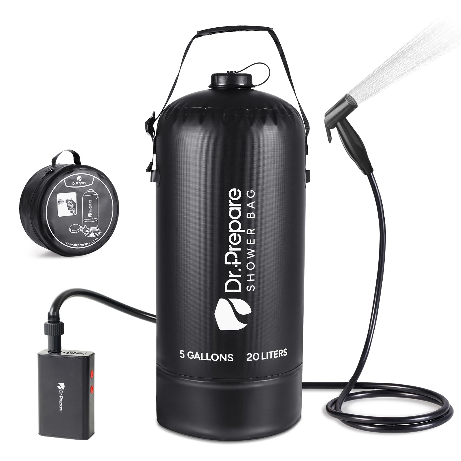 DR.PREPARE portable shower bag setup enables quick outdoor rinses on camping trips.
