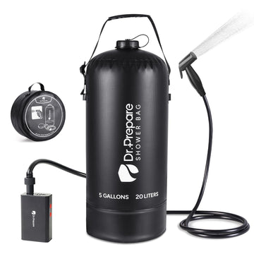 DR.PREPARE portable shower bag setup enables quick outdoor rinses on camping trips.