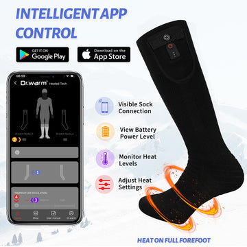 Dr.Warm socks with battery pack showing two 3000mAh cells for extended warmth.