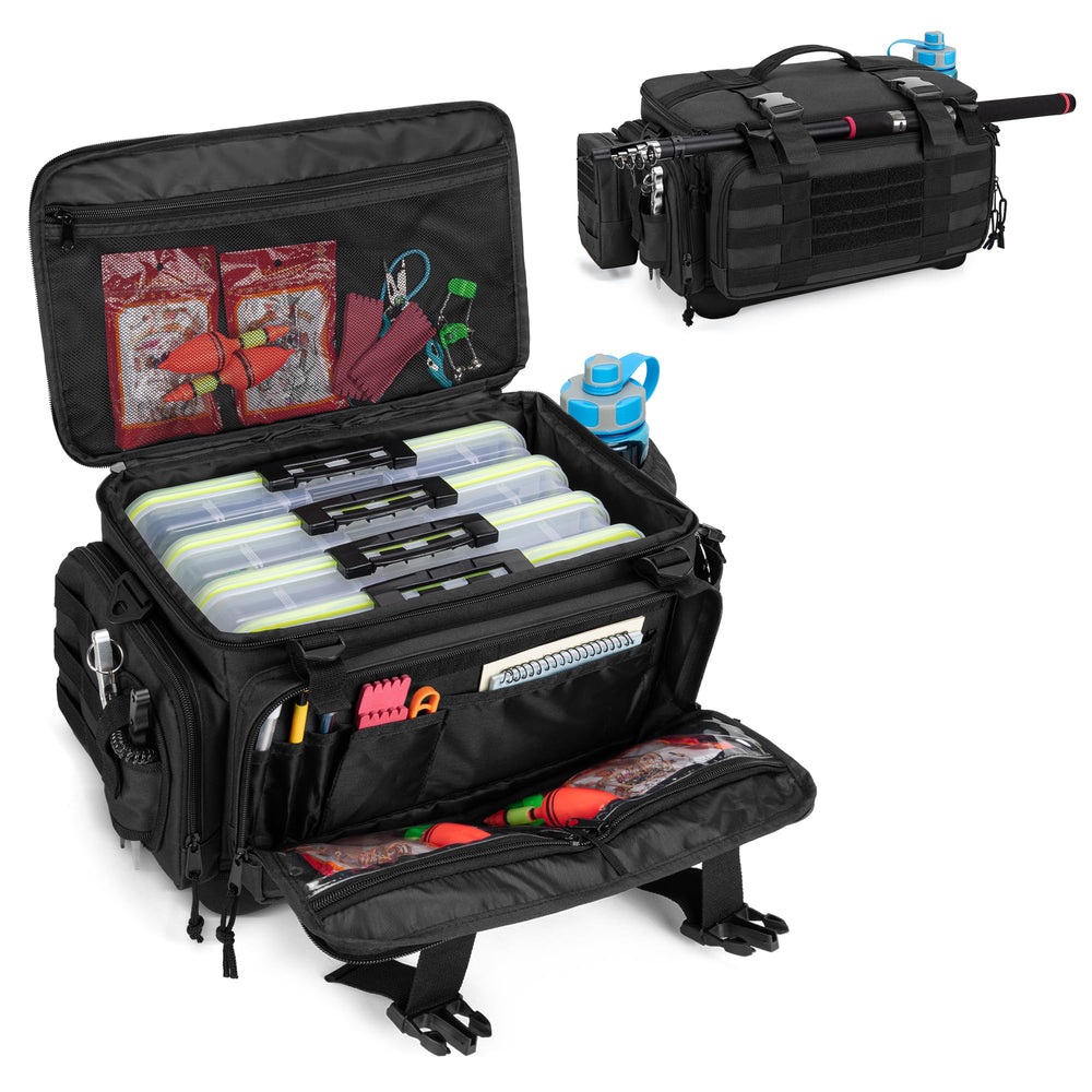 DSLEAF waterproof tackle box bag with rod holder – front view