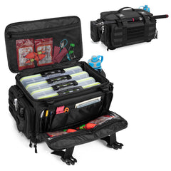 DSLEAF waterproof tackle box bag with rod holder – front view