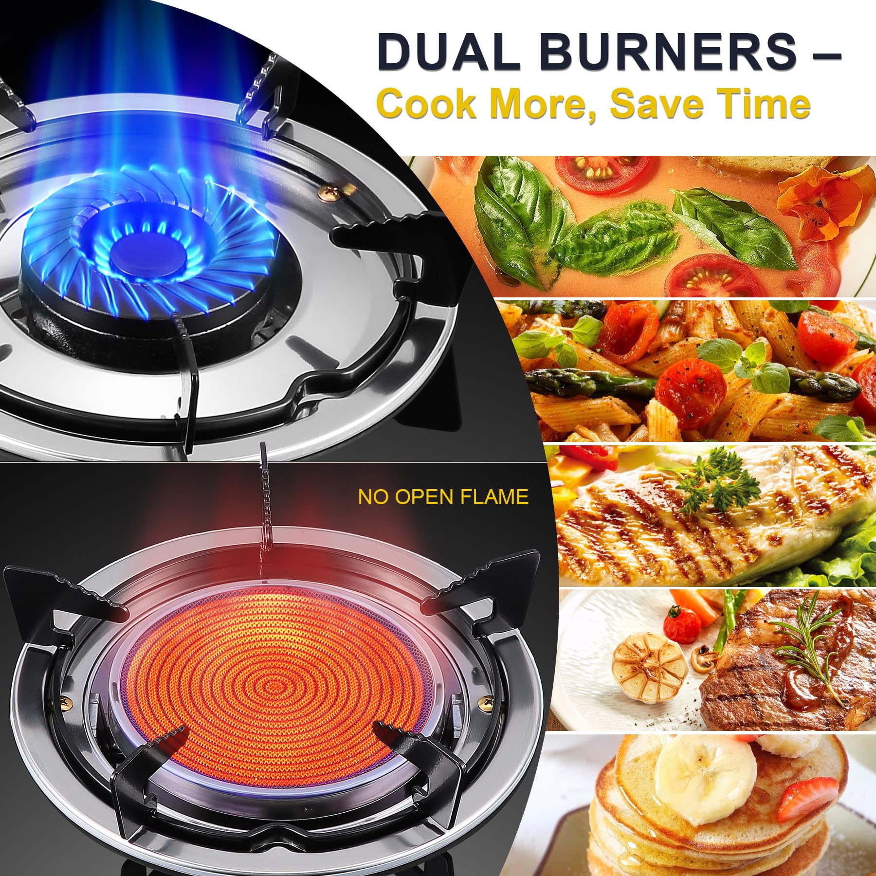 Dual Burner Propane Stove blue flame burner delivers even heat for multiple dishes