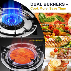 Dual Burner Propane Stove blue flame burner delivers even heat for multiple dishes
