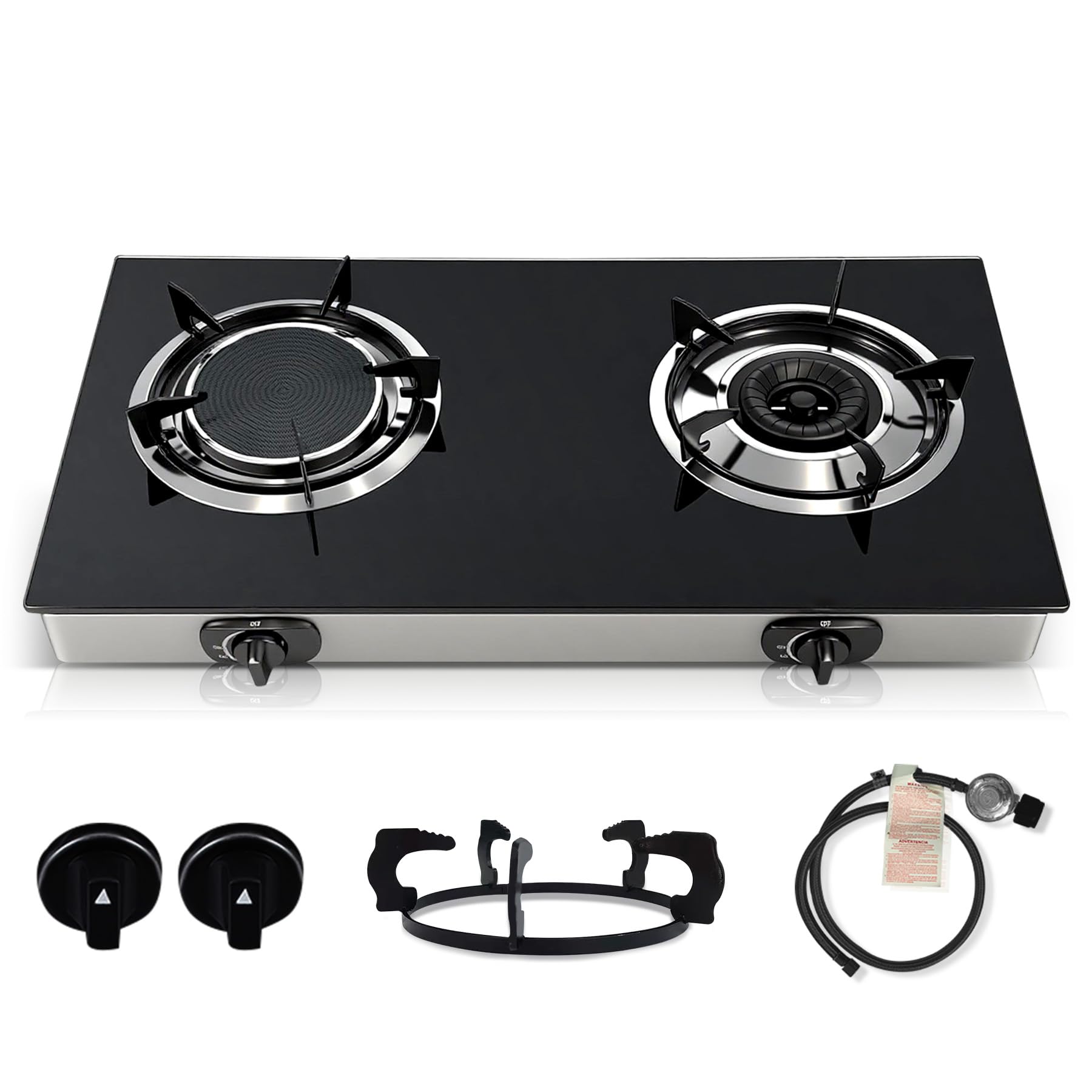 Dual Burner Propane Stove front view highlights compact portability for outdoor cooking
