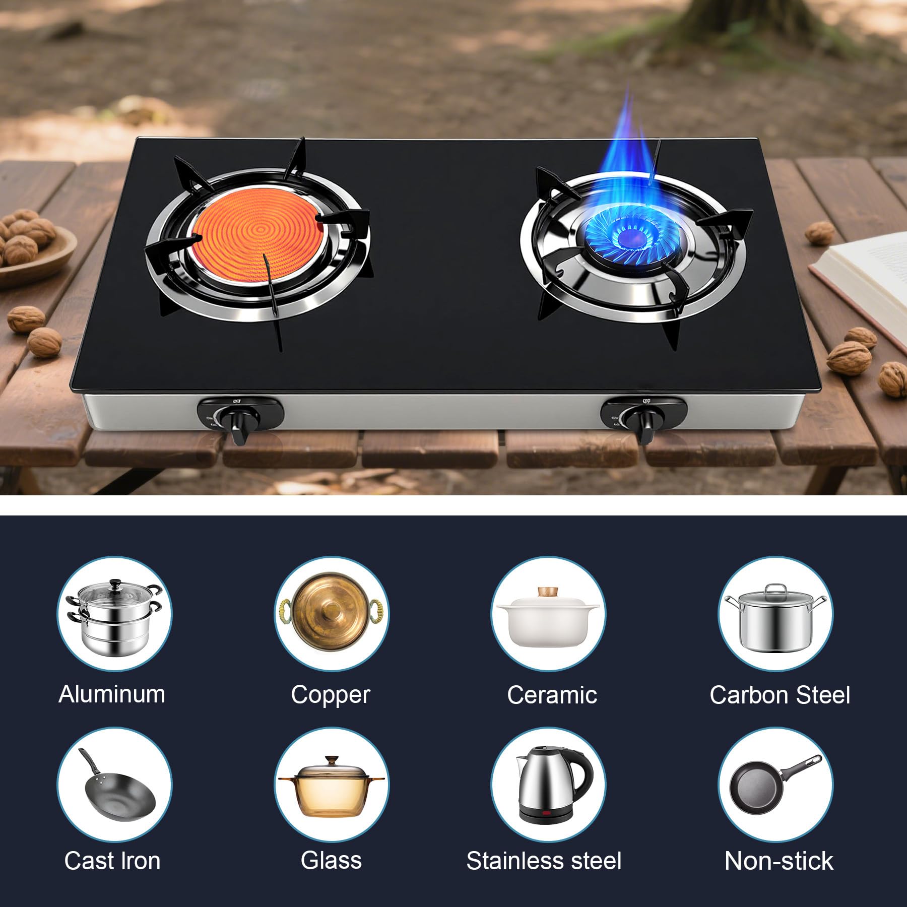 Dual Burner Propane Stove infrared burner emphasizes safer indoor and outdoor cooking