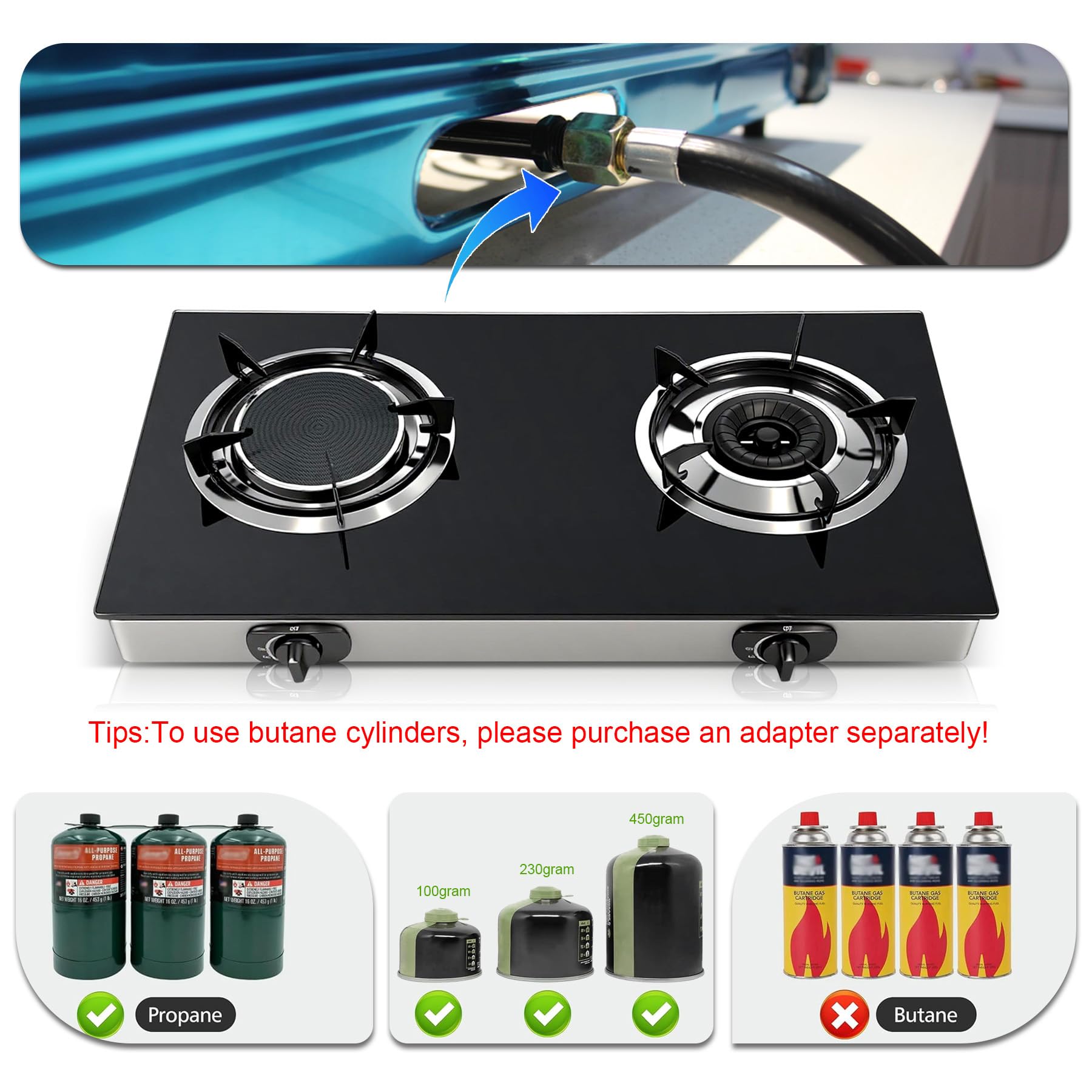 Dual Burner Propane Stove portable design suits camping, RV trips, emergencies