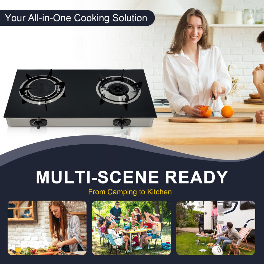 Dual Burner Propane Stove tempered glass cover cleans easily while protecting burners