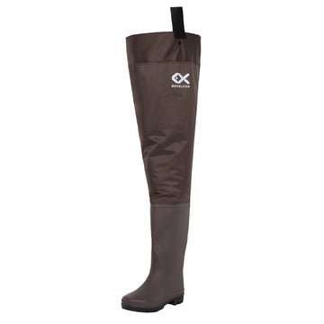 Duck and Fish brown wader side view showing waterproof hip boots for fishing.