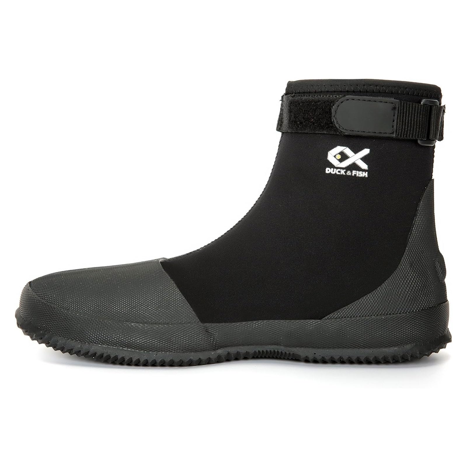 Duck & Fish neoprene flat wading shoe side view shows adjustable cuff for secure fit