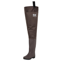 Duck & Fish brown fishing wader hip boots, side view, durable for muddy shores.