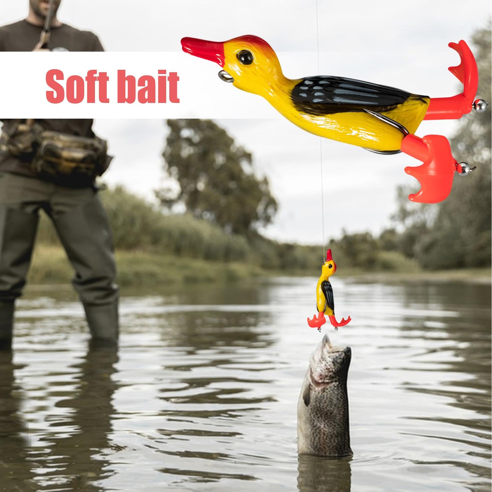 Duck fishing lure holographic eyes and reflective finish catch attention