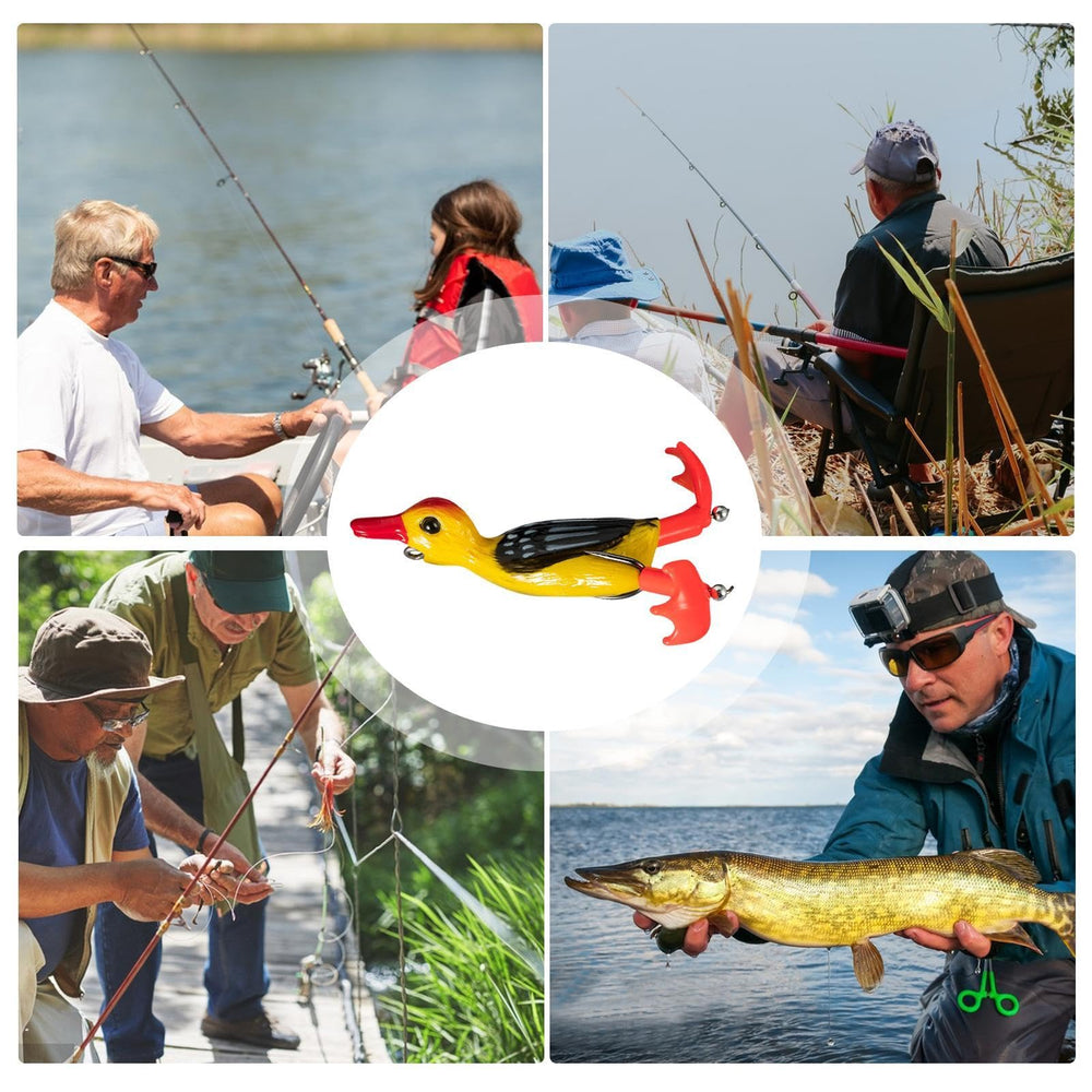 Duck fishing lure swiveling flippers create 360-degree turbulence