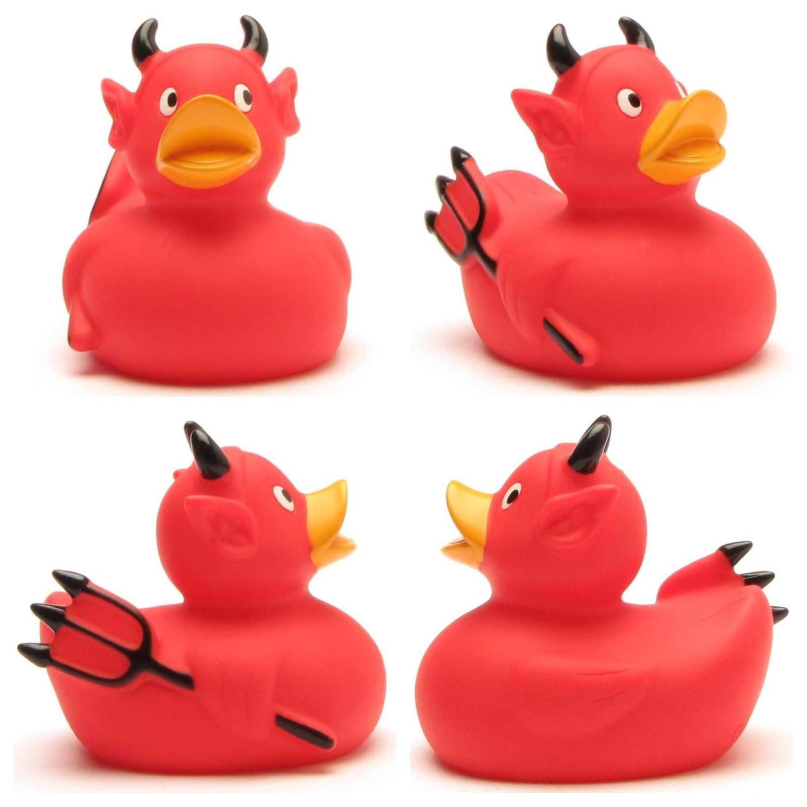 Duckshop Rubber Duck Devil red body with horns on display, ideal party décor