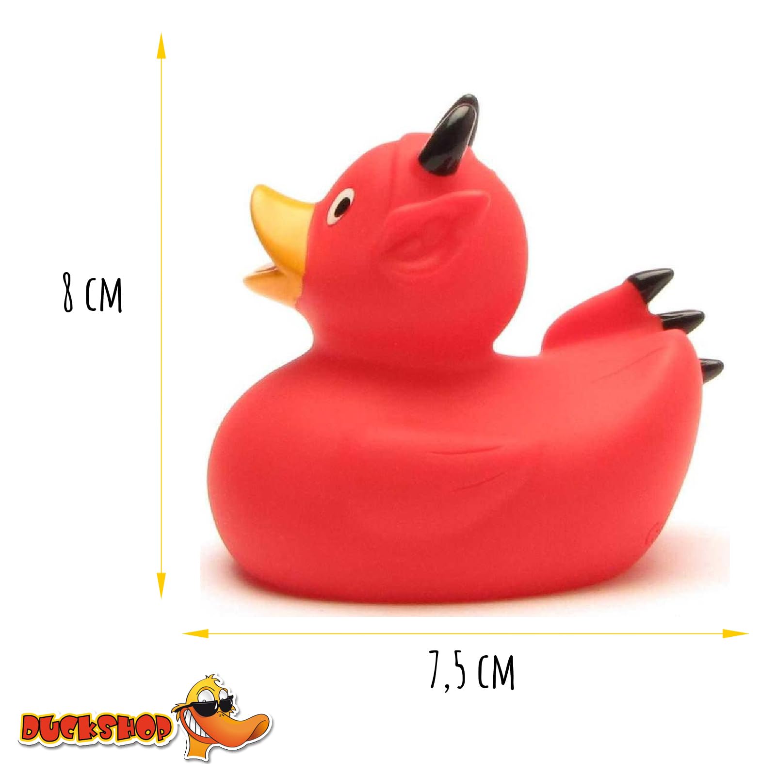 Duckshop Rubber Duck Devil posing in a tub scene, perfect bath time fun