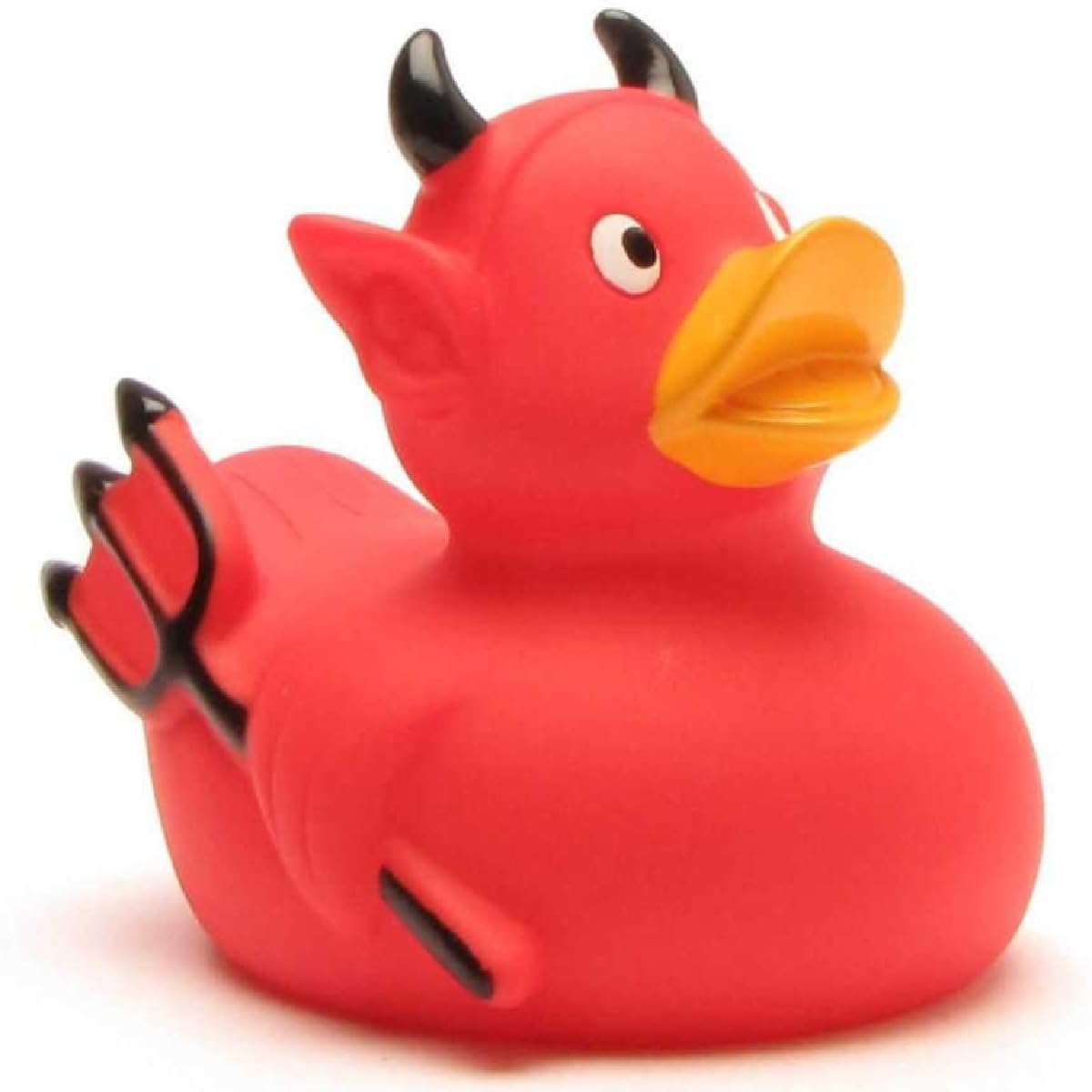 Duckshop Rubber Duck Devil in red with horns, a playful bath time companion for kids