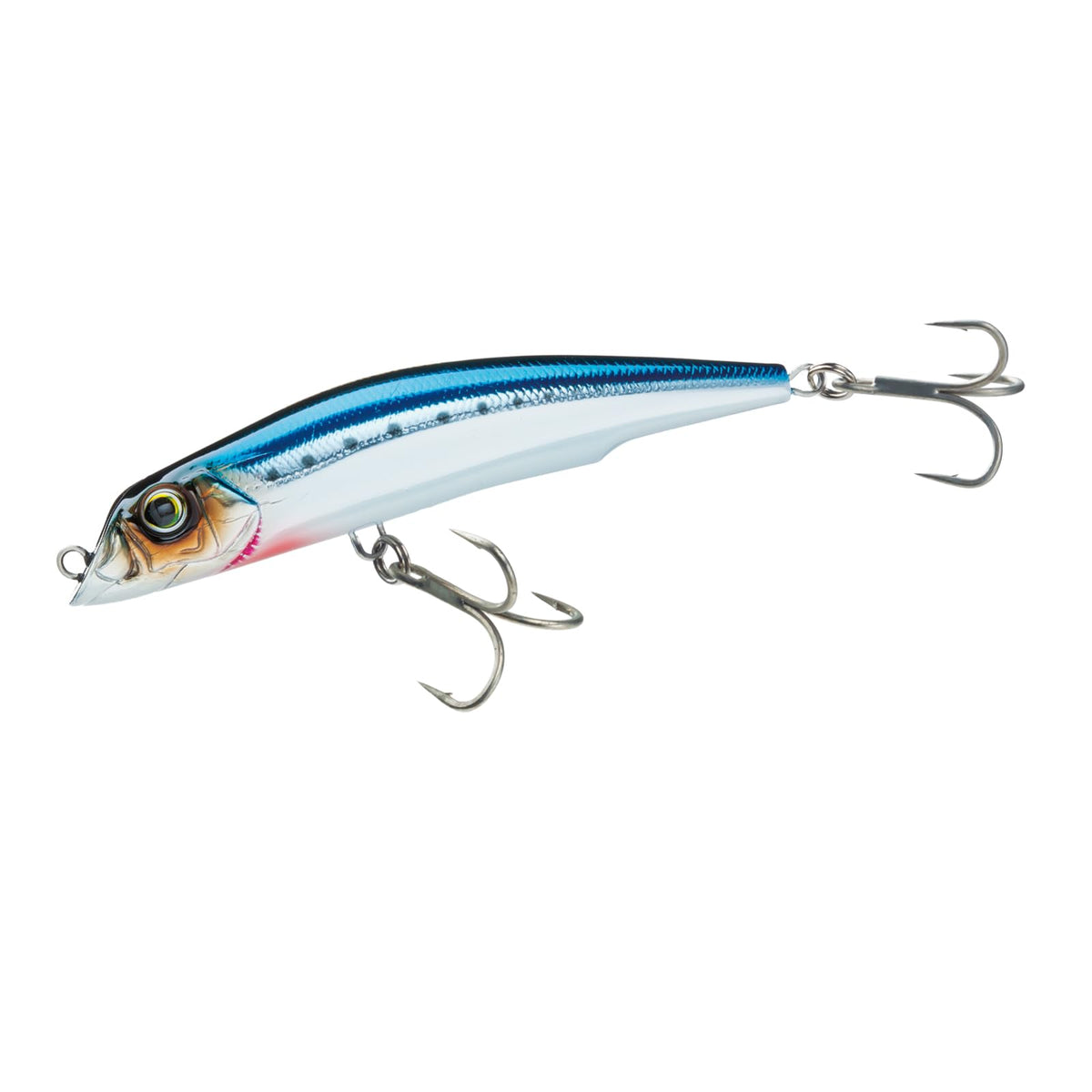 Duel Mag Darter chrome sardine lure, front angle highlighting holographic shine for long casts.