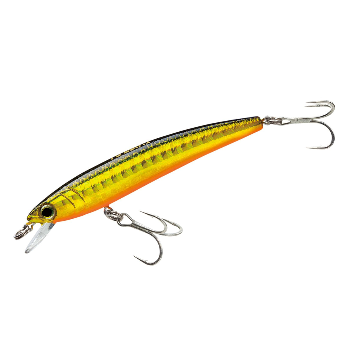 Duel Pins Minnow lure, front view in gold-black, strong casting and action