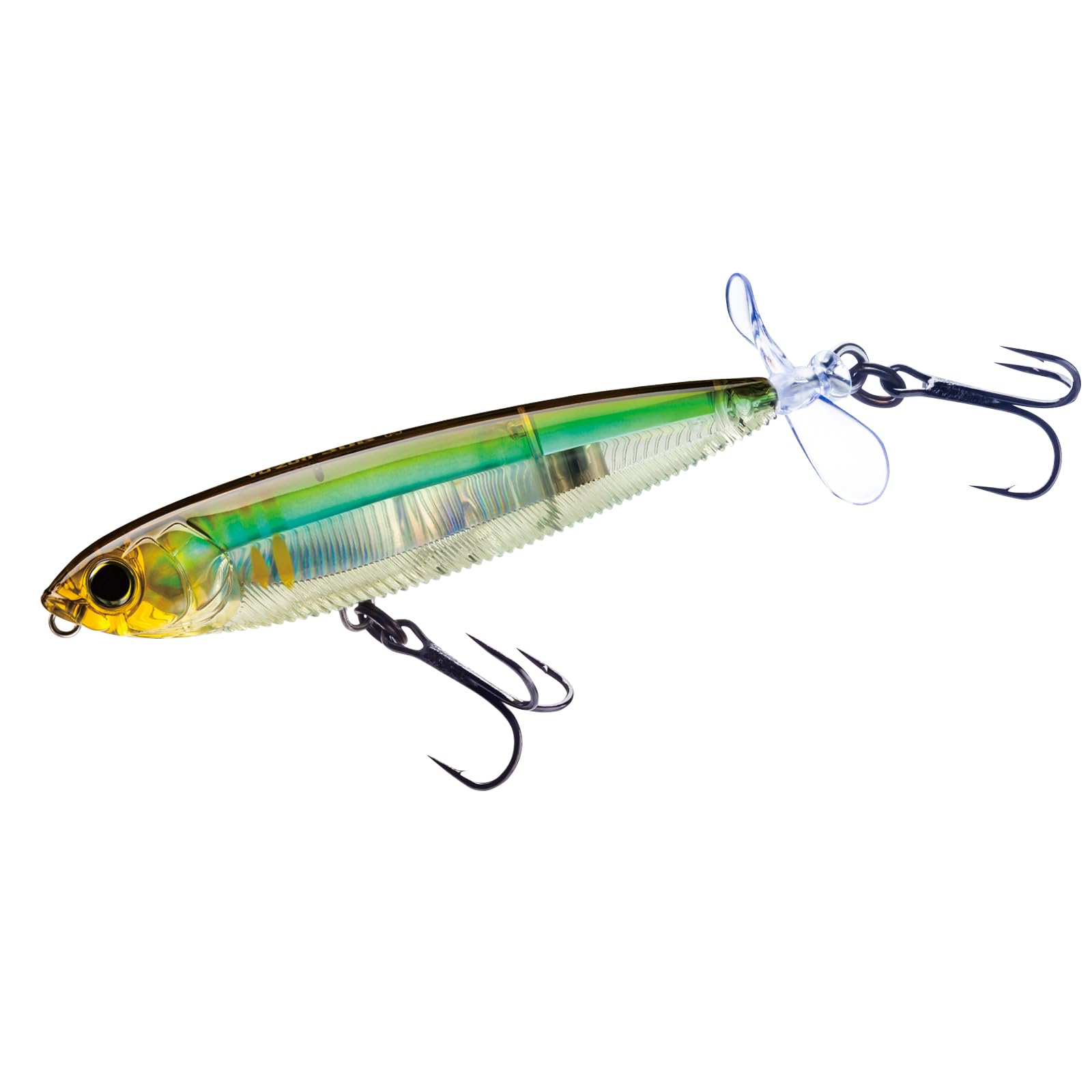 Duel R1107-PAY 3DB Prop Ayu lure front view with UV prop for powerful splash.