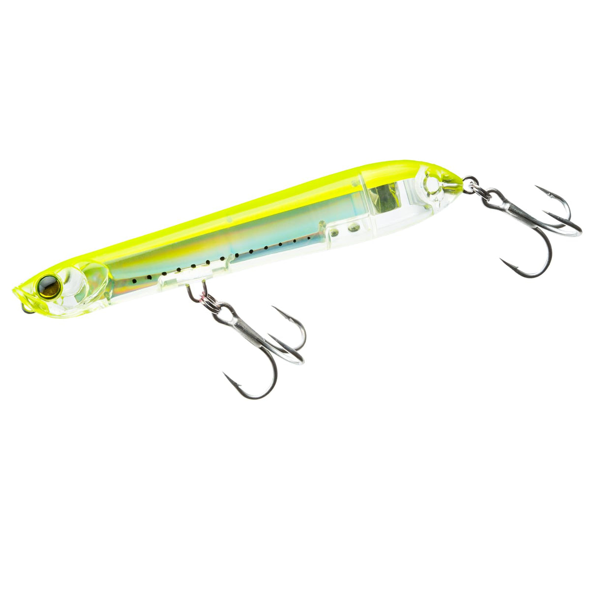 Duel Yo-Zuri 3D Inshore Pencil Popper front view in chartreuse showing balance and profile
