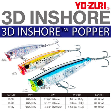 Duel Yo-Zuri 3D Inshore Popper 90mm detailed body shows rugged finish for saltwater use