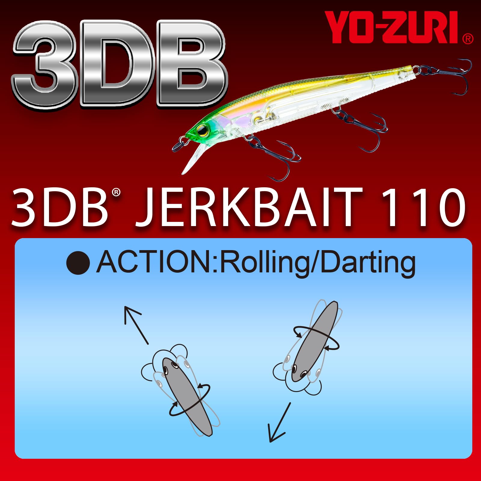 Yo-Zuri 3DB Jerkbait 110 dives to 3-5 feet, ideal for mid-depth bass presentations.