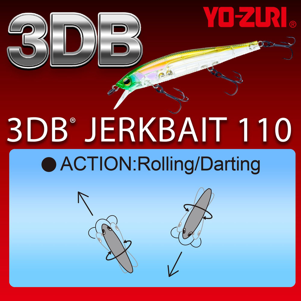 Yo-Zuri 3DB Jerkbait 110 dives to 3-5 feet, ideal for mid-depth bass presentations.