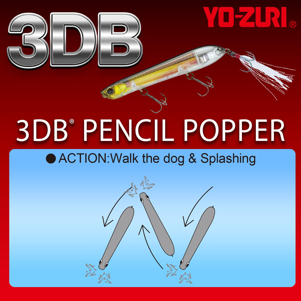 Duel Yo-Zuri 3DB Pencil Popper Ghost Pearl Shad cadence rattle enhances sound during retrieves