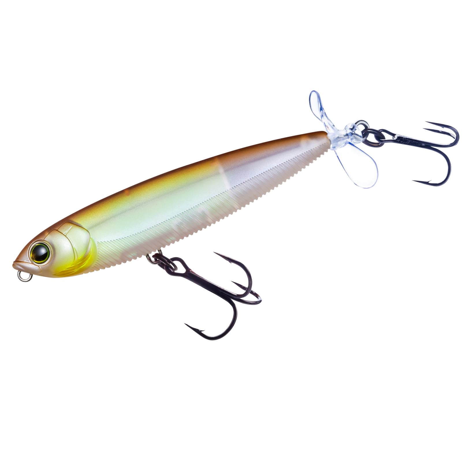 Duel YO-ZURI 3DB Prop lure front view with 3D Lens flash for surface intrigue.