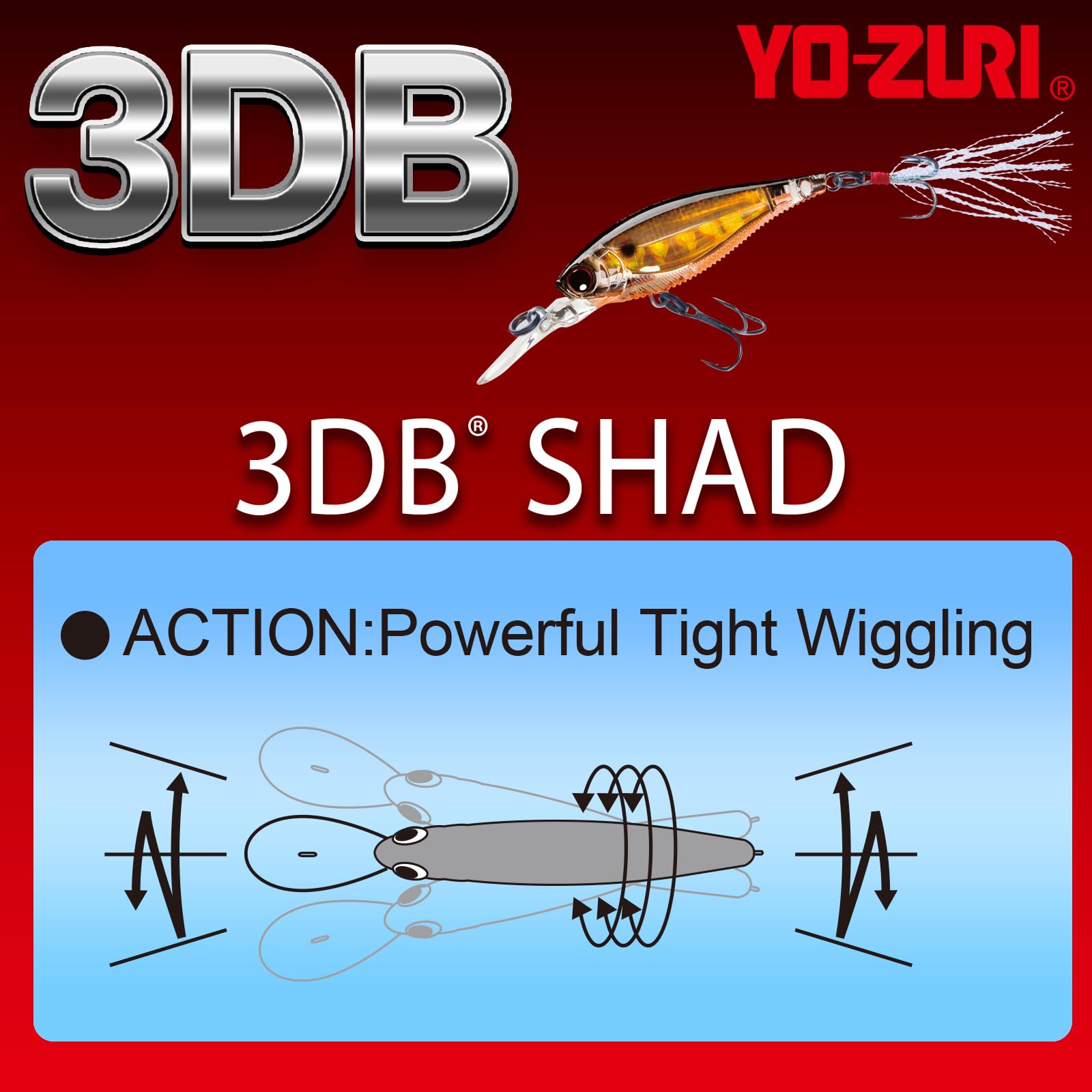 Duel Yo-Zuri 3DB Shad with pulsating Mylar tailhook increases surface flash and lure visibility.