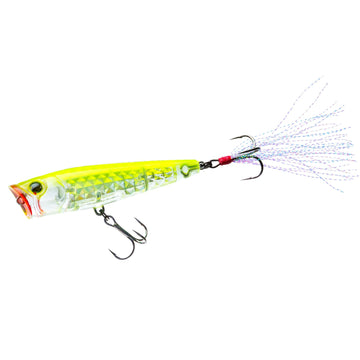 Duel Yo-Zuri 3DR-X Popper front view showing prism flash and chartreuse-silver finish.