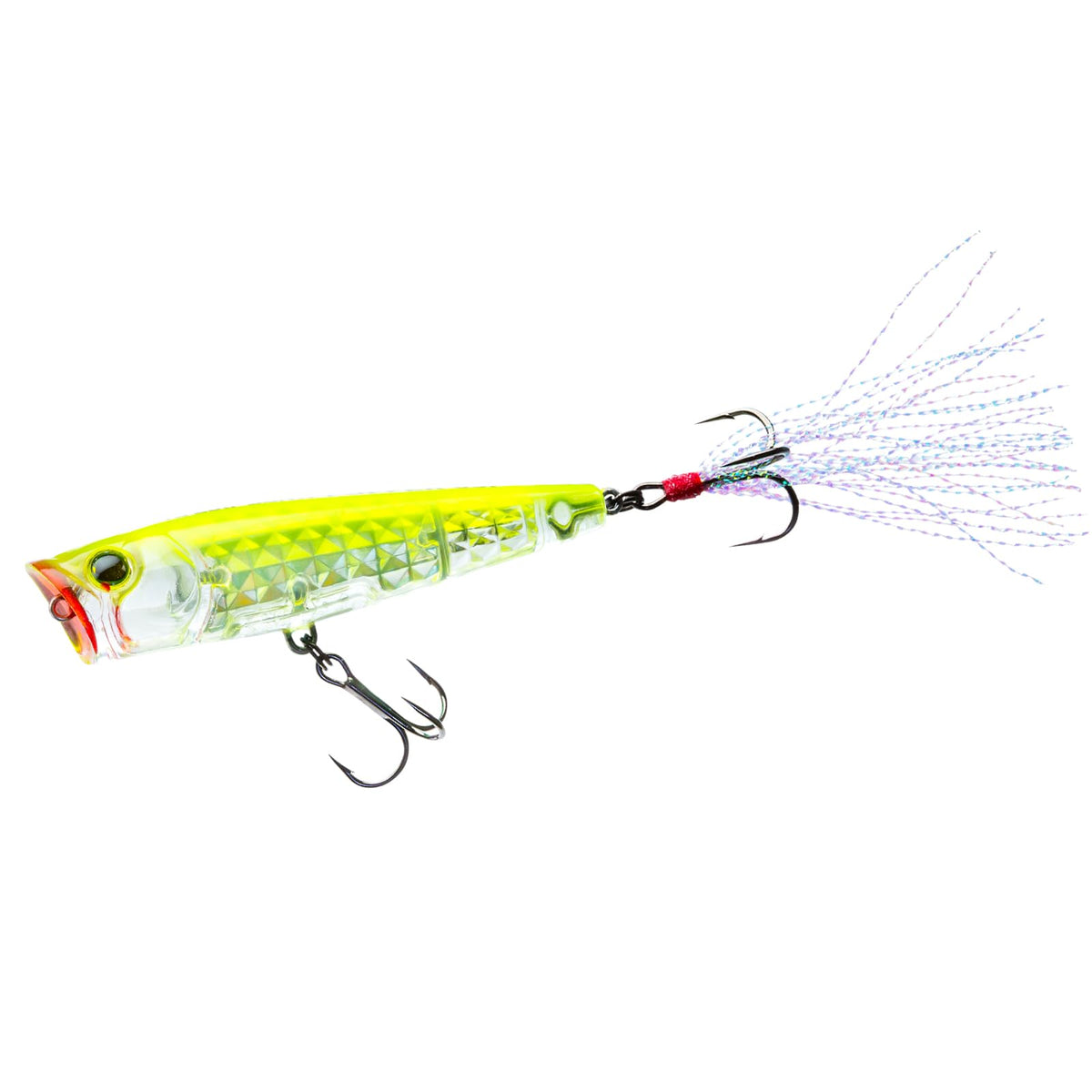 Duel Yo-Zuri 3DR-X Popper front view showing prism flash and chartreuse-silver finish.