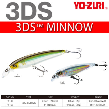 Yo-Zuri 3DS Minnow 4-Inch max diver depth reaches 6 ft for mid-water targets