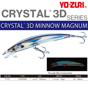 Yo-Zuri Crystal 3D Minnow with prism finish enhances surface flash for better visibility.