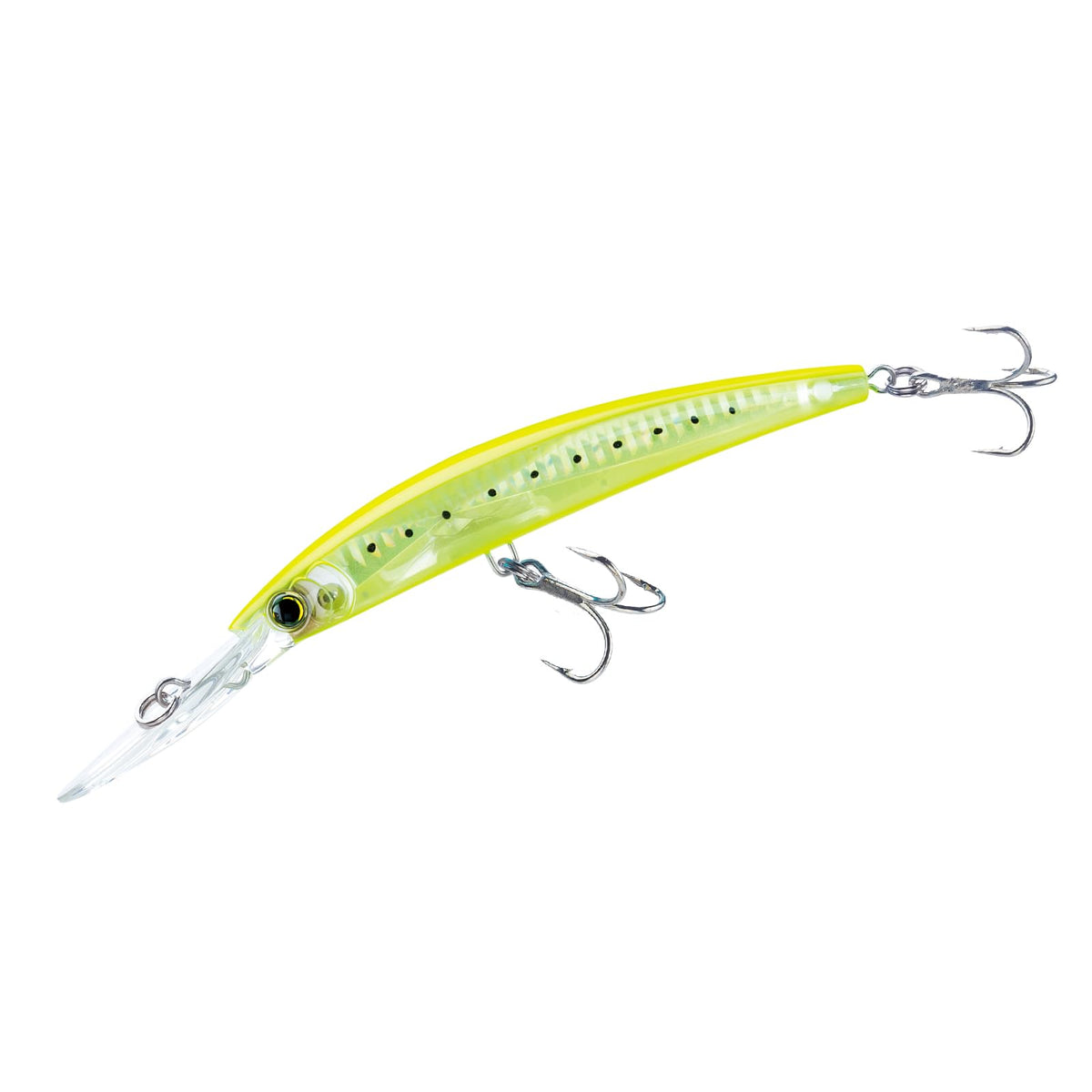 Duel Yo-Zuri Crystal 3D Minnow front view, chartreuse-silver finish boosts lure visibility