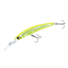 Duel Yo-Zuri Crystal 3D Minnow front view, chartreuse-silver finish boosts lure visibility